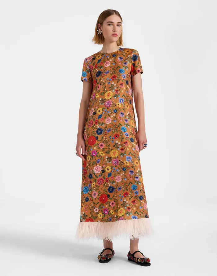 La Doublej Swing Dress Botticelli Rust In Silk Twill With Feathers Women Party Dressing