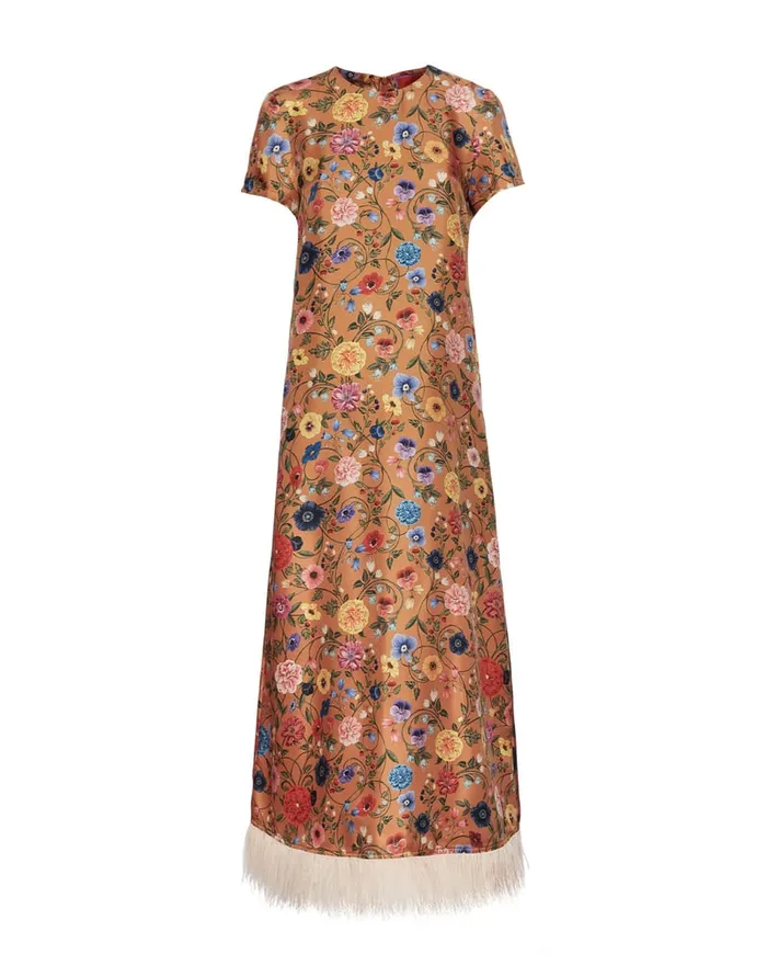 La Doublej Swing Dress Botticelli Rust In Silk Twill With Feathers Women Party Dressing