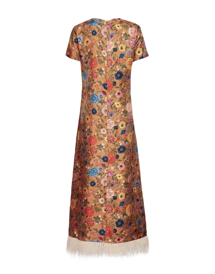 La Doublej Swing Dress Botticelli Rust In Silk Twill With Feathers Women Party Dressing
