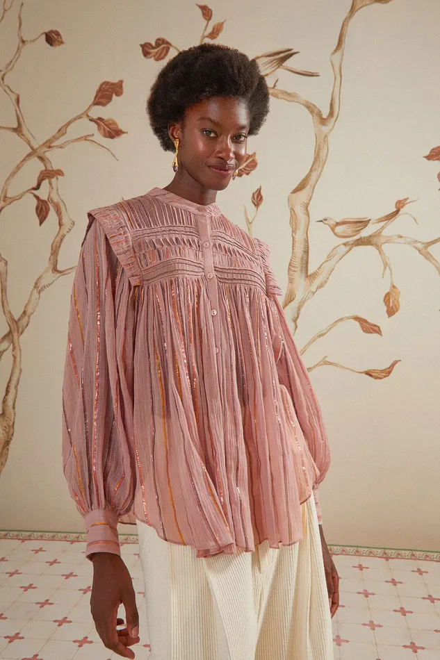 Light Pink Pleated Yoke Long Sleeve Blouse Women Farm Rio Blouses