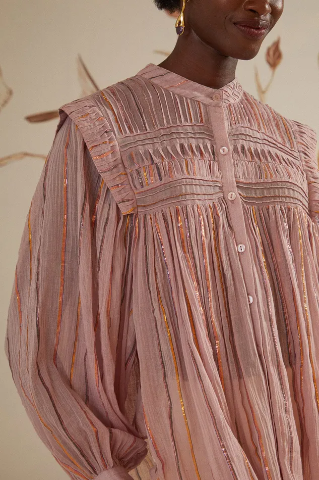 Light Pink Pleated Yoke Long Sleeve Blouse Women Farm Rio Blouses