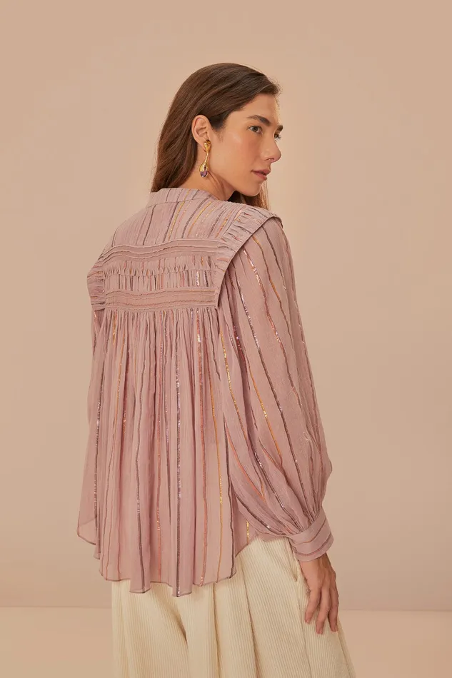 Light Pink Pleated Yoke Long Sleeve Blouse Women Farm Rio Blouses