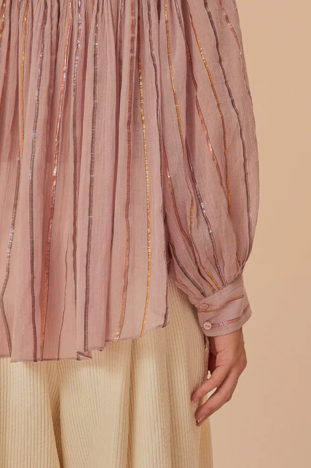 Light Pink Pleated Yoke Long Sleeve Blouse Women Farm Rio Blouses