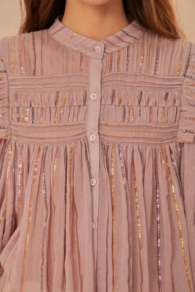 Light Pink Pleated Yoke Long Sleeve Blouse Women Farm Rio Blouses