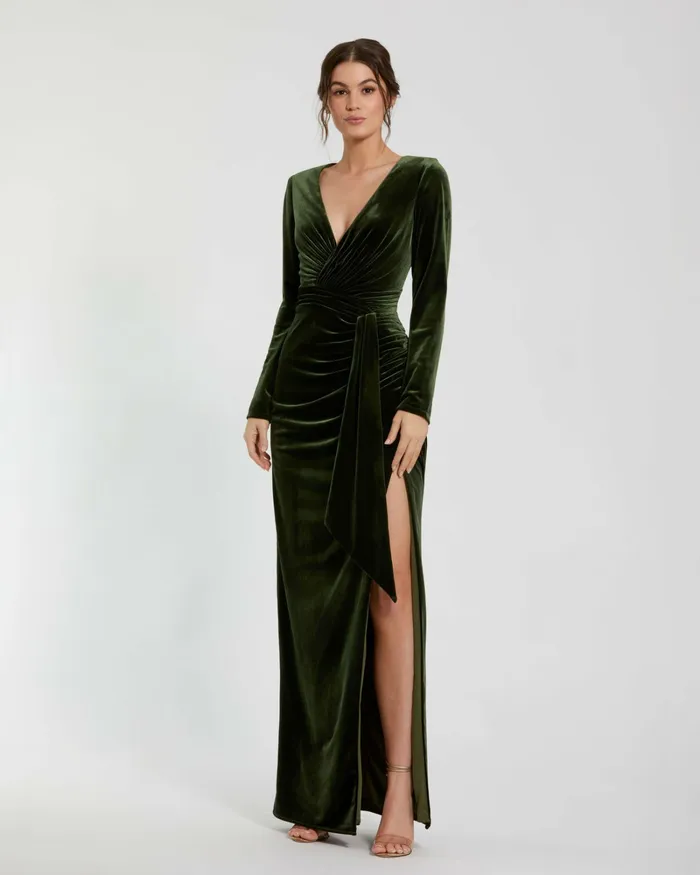 Long Sleeve Deep V Draped Velvet Gown Olive Women Best Sellers Mac Duggal