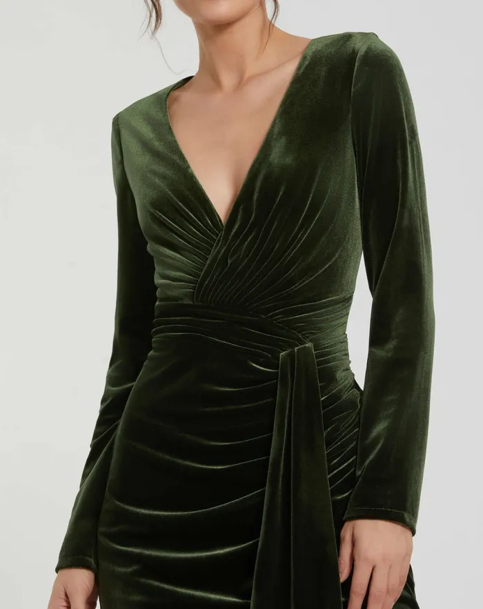 Long Sleeve Deep V Draped Velvet Gown Olive Women Best Sellers Mac Duggal