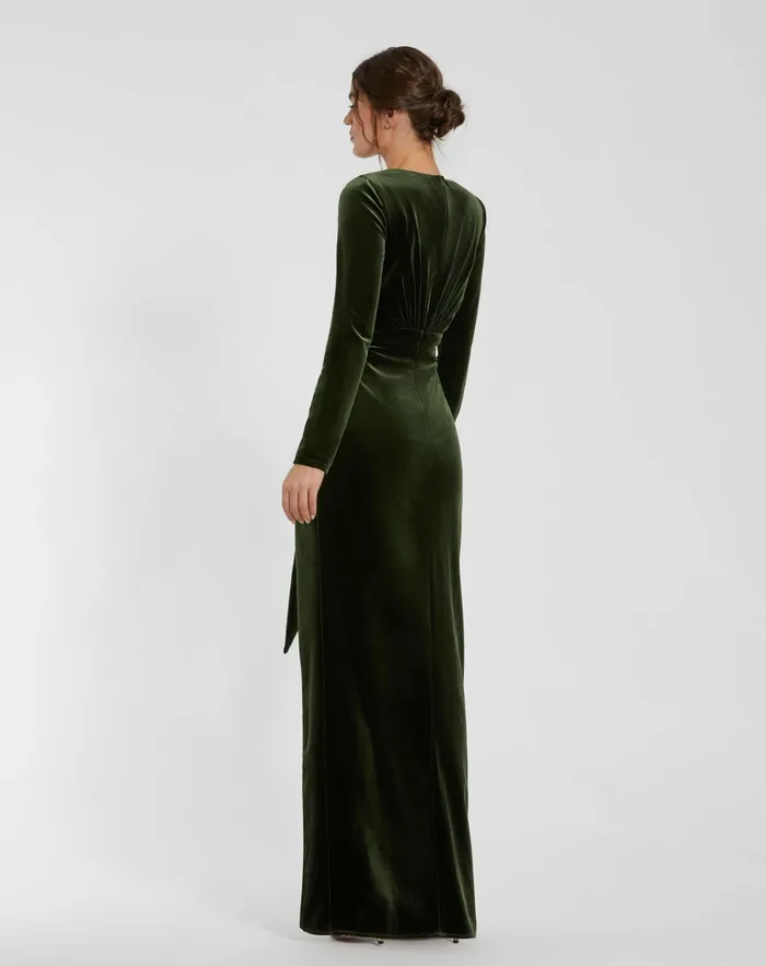 Long Sleeve Deep V Draped Velvet Gown Olive Women Best Sellers Mac Duggal