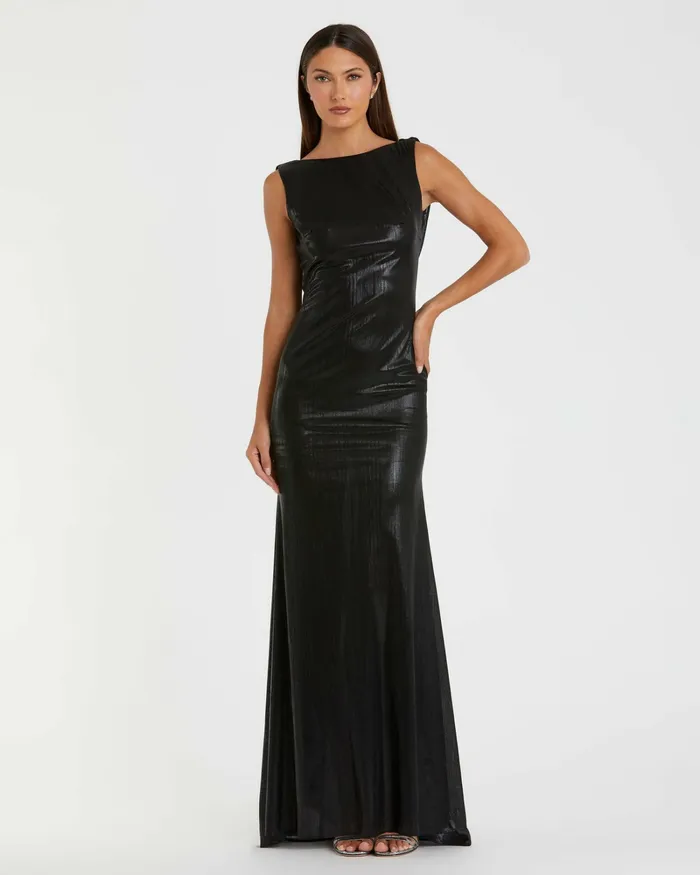 Mac Duggal Best Sellers Women Black Metallic Jersey Cowl Back Column Gown Black