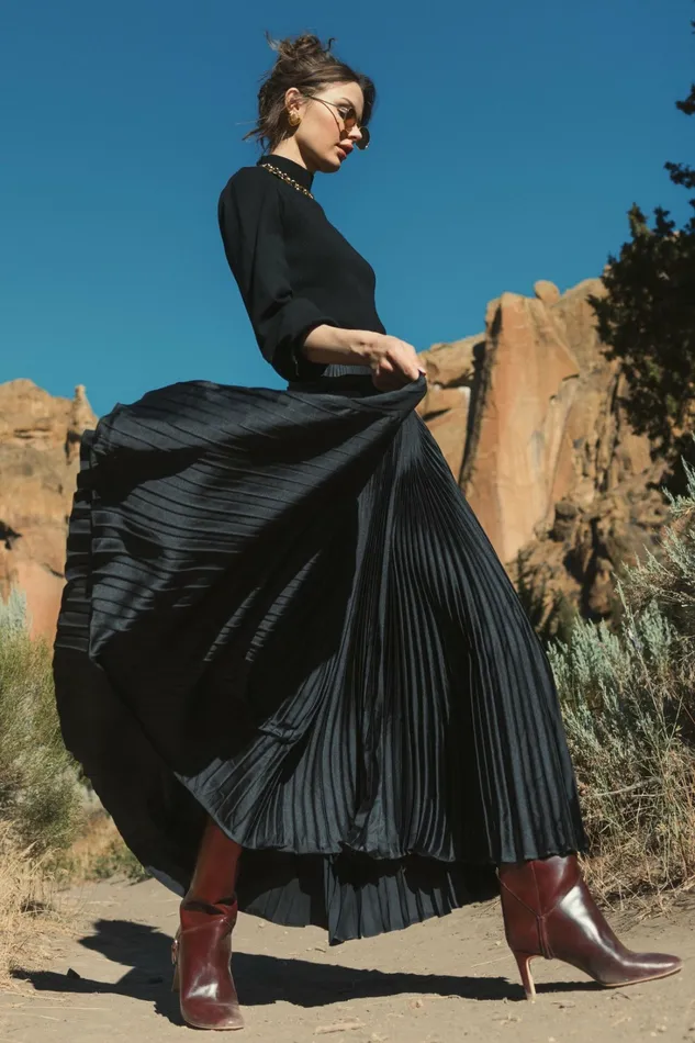 Mac Duggal Black Ankle Length Satin Pleated Skirt Black Women Skirts
