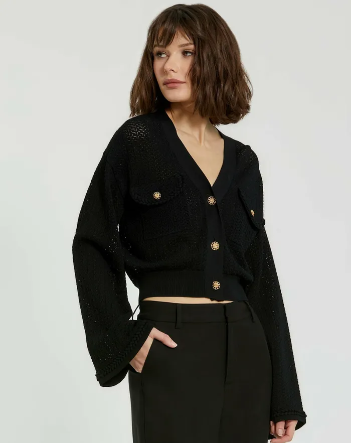 Mac Duggal Crochet Knit Flare Long Sleeve Gold Button Cropped Cardigan 8211 FINAL SA Black Women Knitwear