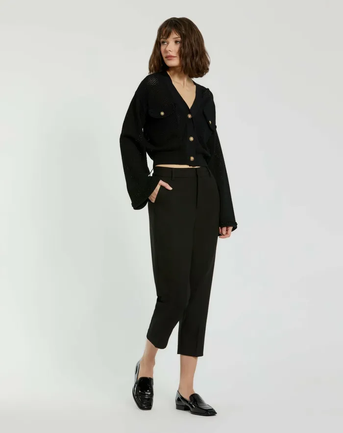 Mac Duggal Crochet Knit Flare Long Sleeve Gold Button Cropped Cardigan 8211 FINAL SA Black Women Knitwear