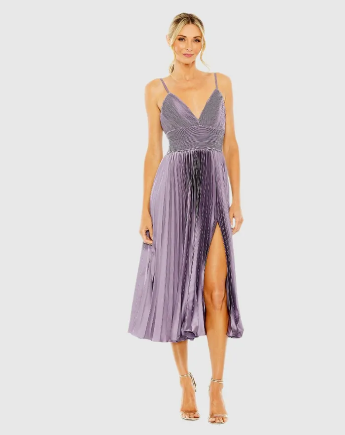 Mac Duggal Daytime Dresses Women Purple Slim Strap Ruched Top Heat Pleated Dress Vintage Lilac
