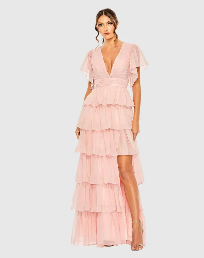 Mac Duggal Pink Flutter Sleeve Ruffle Tiered Gown Petal Pink Women Daytime Dresses