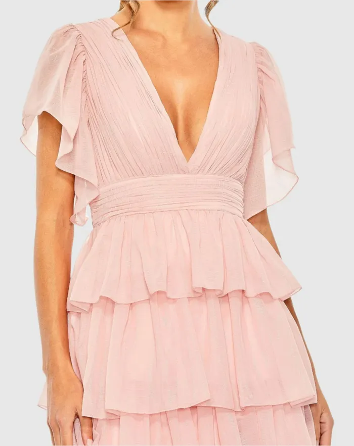 Mac Duggal Pink Flutter Sleeve Ruffle Tiered Gown Petal Pink Women Daytime Dresses