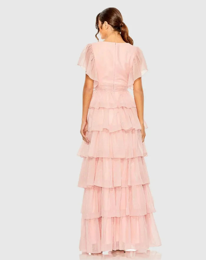 Mac Duggal Pink Flutter Sleeve Ruffle Tiered Gown Petal Pink Women Daytime Dresses