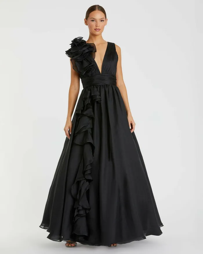 Mac Duggal Ruffle Detailed Evening Dress Black Women Best Sellers