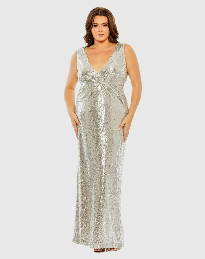 Mac Duggal Sequin Vneck Back Cutout Gown Nude Silver Women Plus Size Dresses