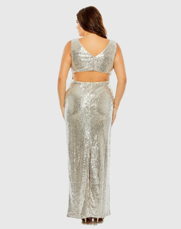 Mac Duggal Sequin Vneck Back Cutout Gown Nude Silver Women Plus Size Dresses