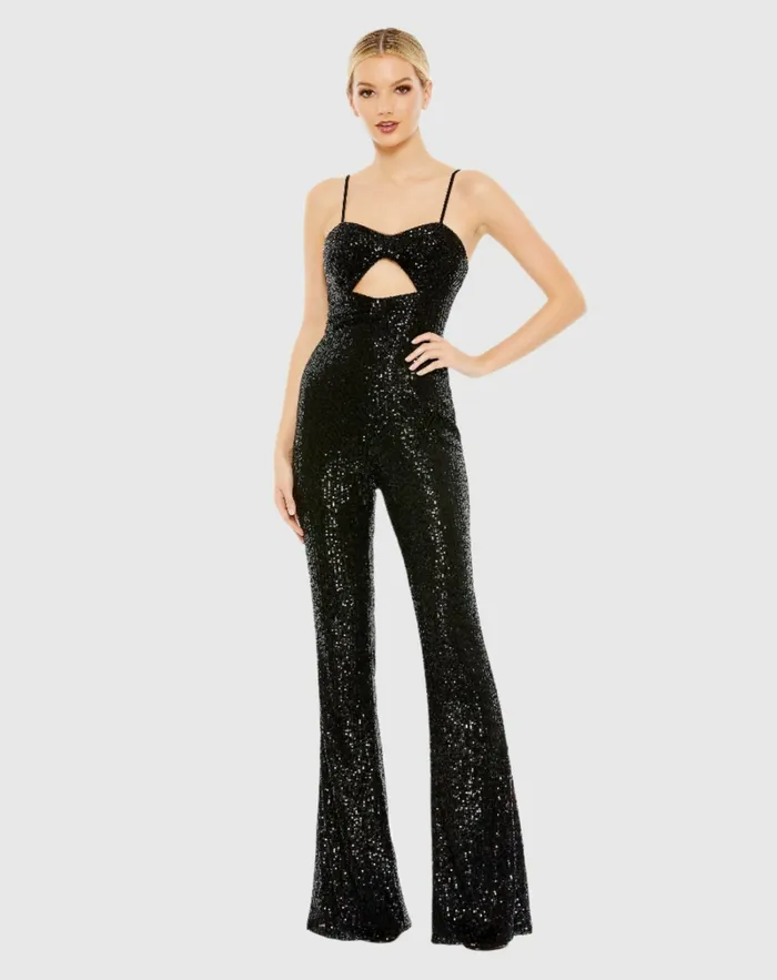 Mac Duggal Sequined Spaghetti Strap Cut Out Jumpsuit 8211 FINAL SALE Black Women Jumpsuits and Rompers