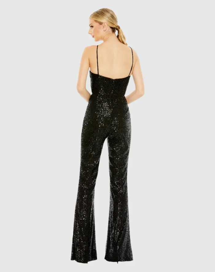 Mac Duggal Sequined Spaghetti Strap Cut Out Jumpsuit 8211 FINAL SALE Black Women Jumpsuits and Rompers