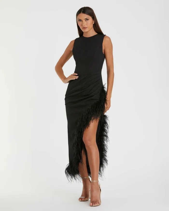 Mac Duggal Sleeveless Faux Wrap Dress with Feather Detail Black Women Daytime Dresses