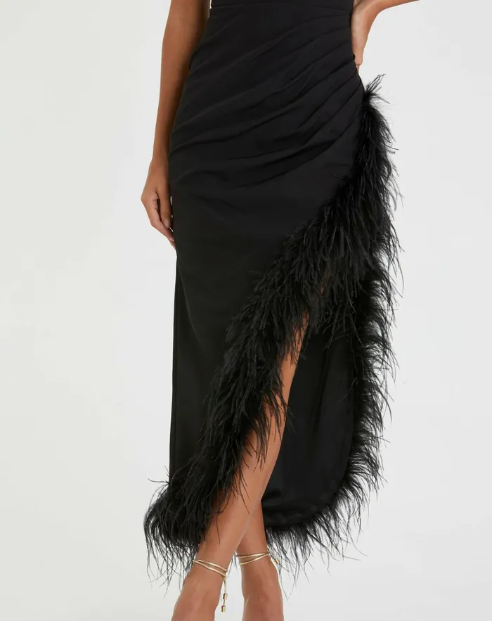 Mac Duggal Sleeveless Faux Wrap Dress with Feather Detail Black Women Daytime Dresses