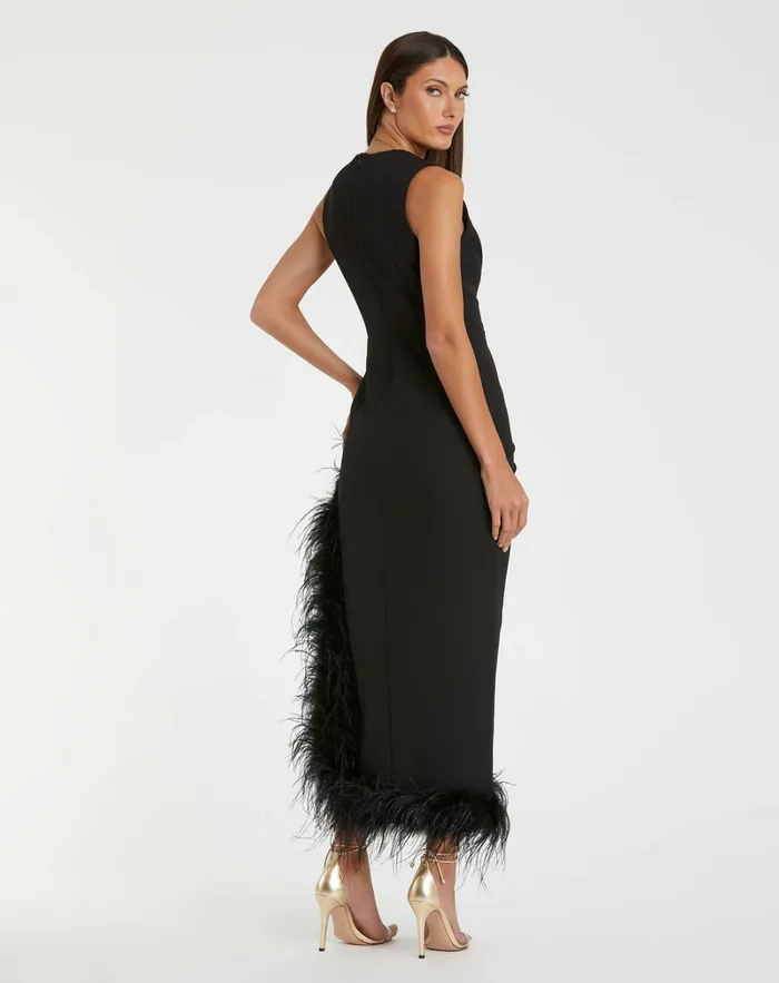 Mac Duggal Sleeveless Faux Wrap Dress with Feather Detail Black Women Daytime Dresses