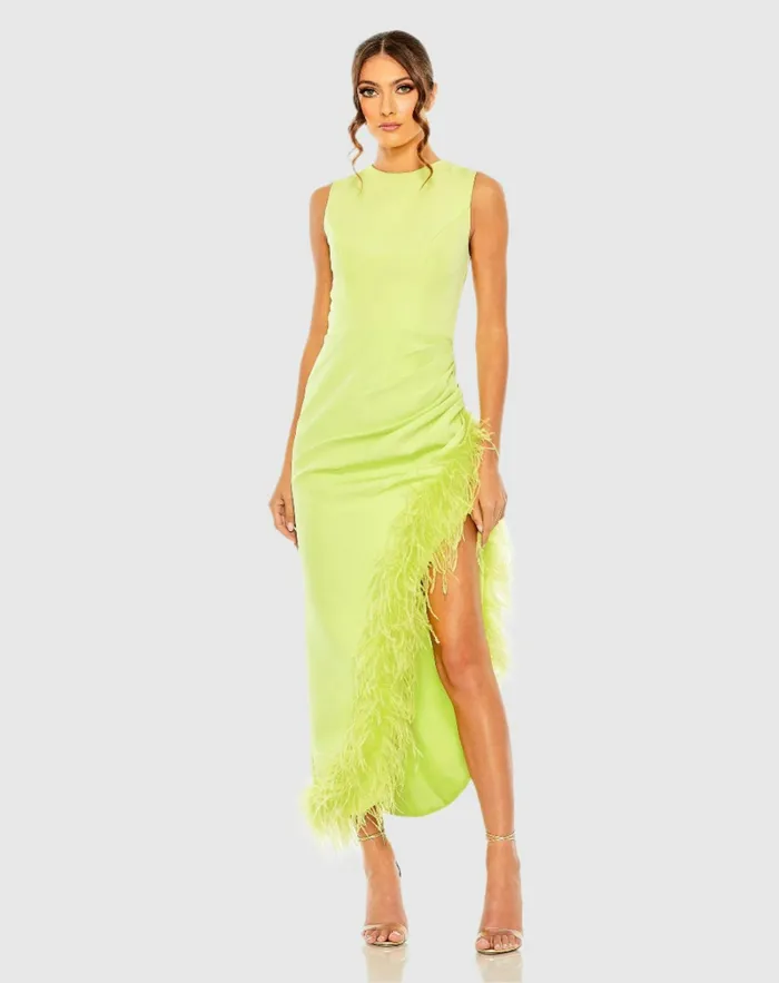 Mac Duggal Sleeveless Faux Wrap Dress with Feather Detail Black Women Daytime Dresses