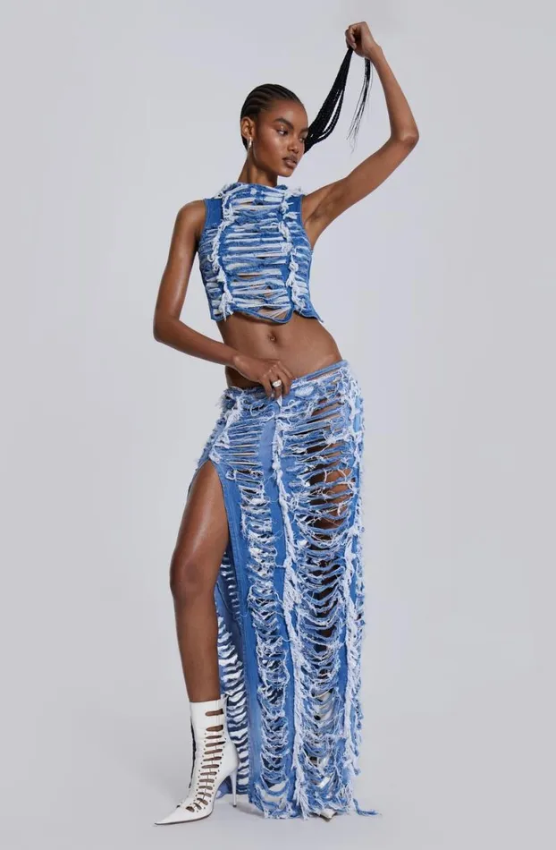 Maxi Skirts Women Jaded London Shredded Denim Maxi Skirt