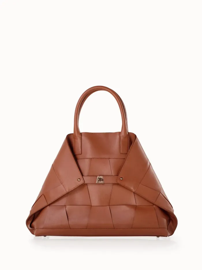 Medium Ai Messenger Bag In Braided Leather Trapezoids Caramel Women Akris Tote Bags