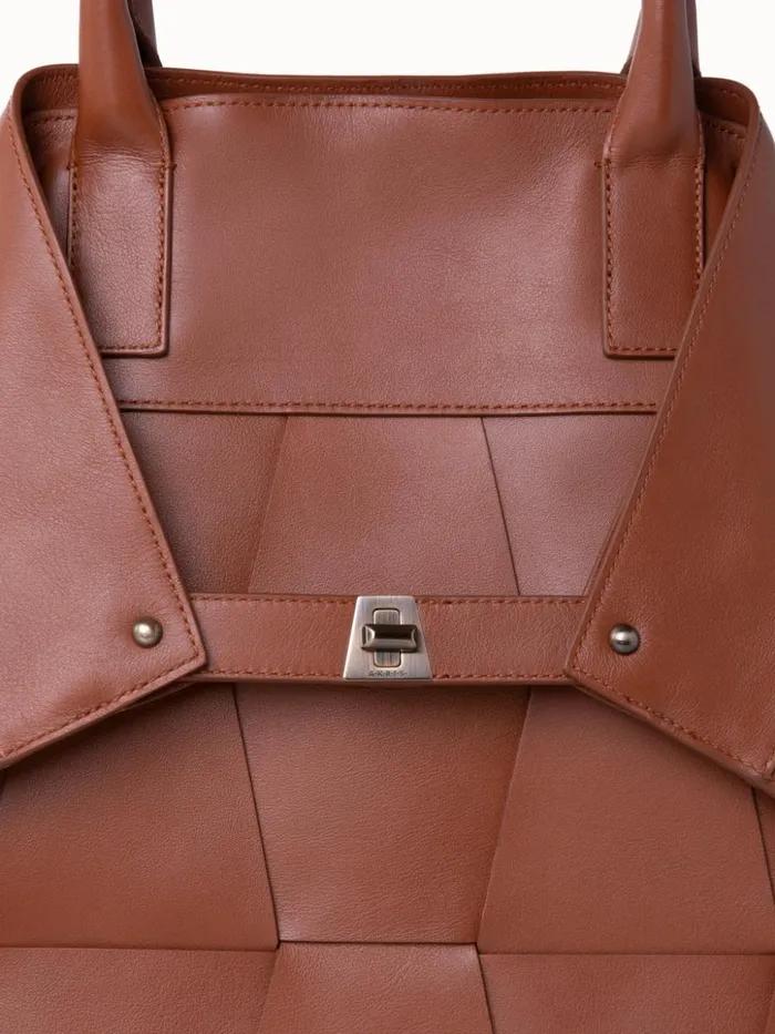 Medium Ai Messenger Bag In Braided Leather Trapezoids Caramel Women Akris Tote Bags