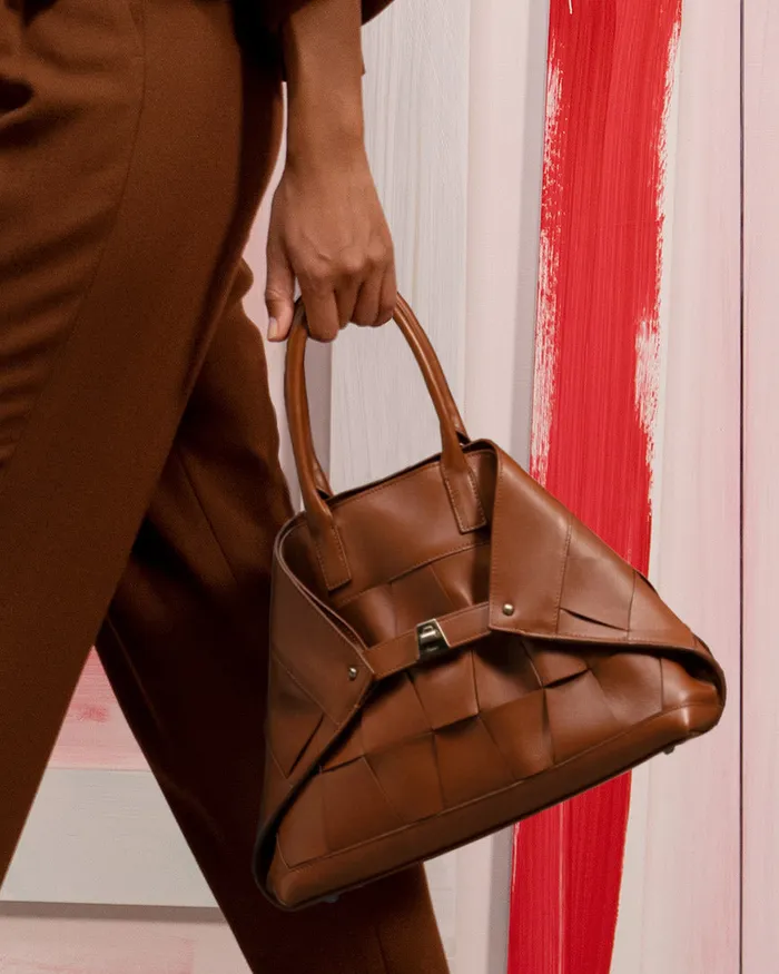 Medium Ai Messenger Bag In Braided Leather Trapezoids Caramel Women Akris Tote Bags