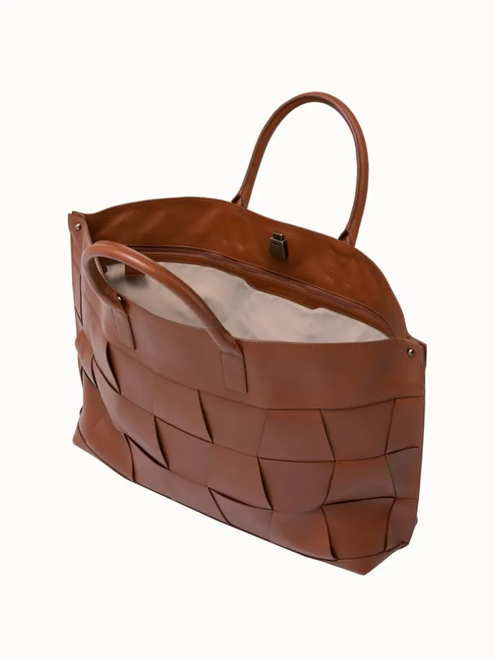 Medium Ai Messenger Bag In Braided Leather Trapezoids Caramel Women Akris Tote Bags