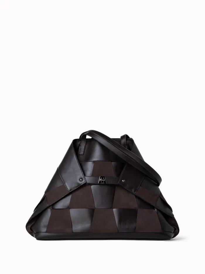Medium Ai Shoulder Bag In Braided Leather And Nubuck Trapezoids Mocca Women Akris Tote Bags