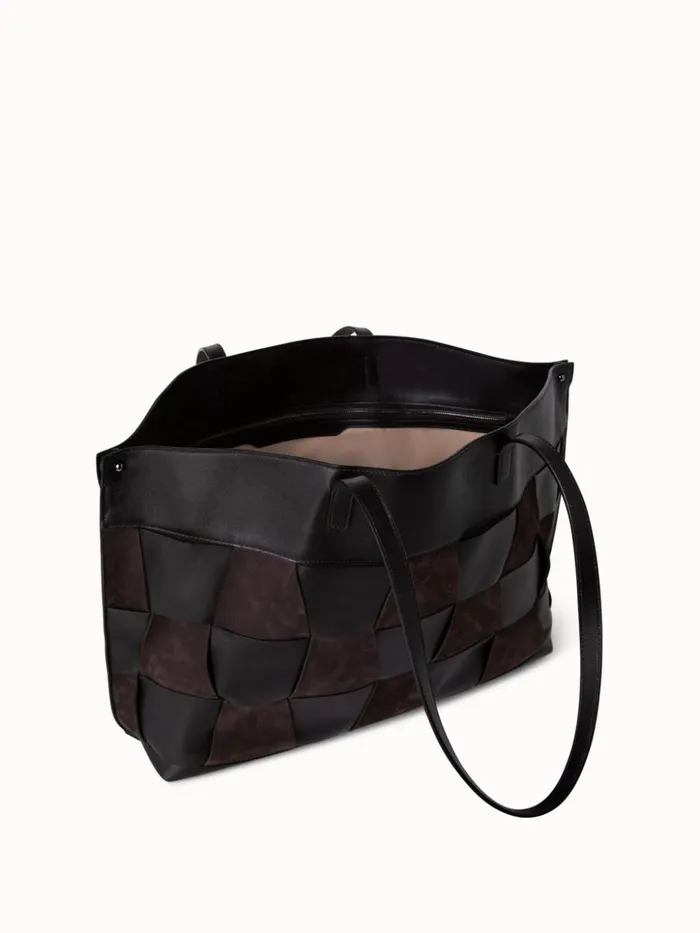 Medium Ai Shoulder Bag In Braided Leather And Nubuck Trapezoids Mocca Women Akris Tote Bags