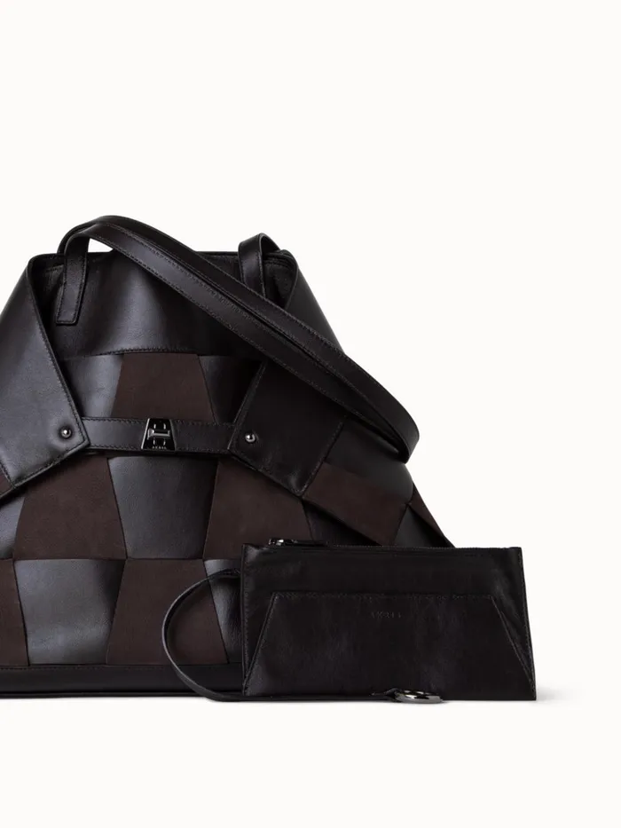 Medium Ai Shoulder Bag In Braided Leather And Nubuck Trapezoids Mocca Women Akris Tote Bags