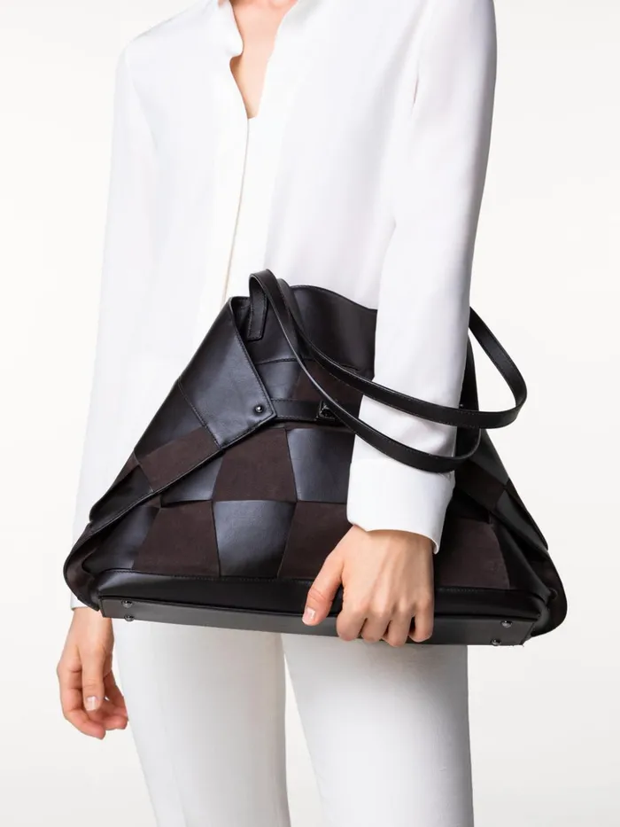 Medium Ai Shoulder Bag In Braided Leather And Nubuck Trapezoids Mocca Women Akris Tote Bags