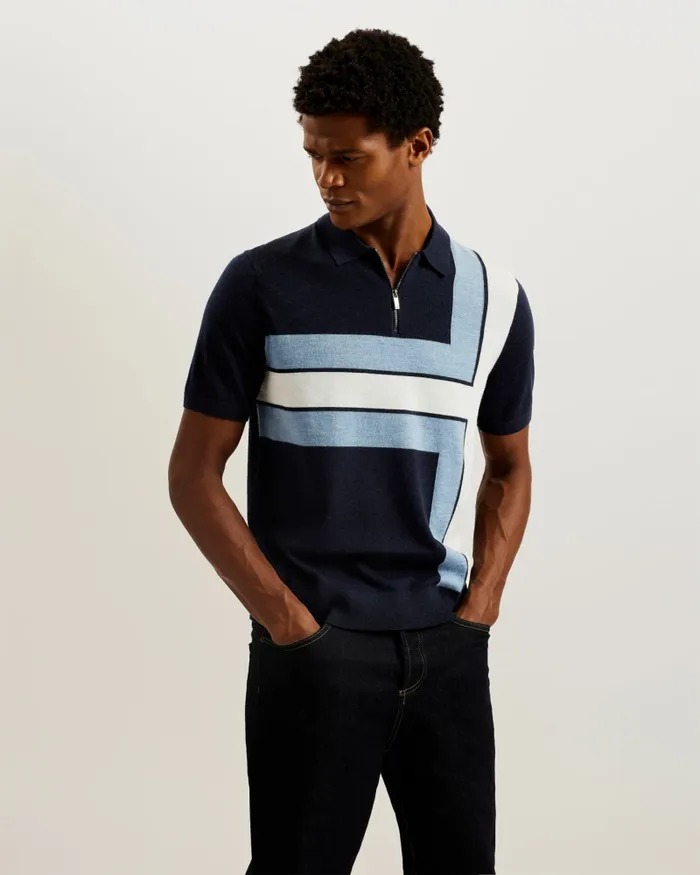 Men AMBLER 8211 Colour Block T Wool Polo Shirt Navy Ted Baker Jumpers and Knitwear