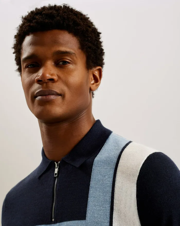 Men AMBLER 8211 Colour Block T Wool Polo Shirt Navy Ted Baker Jumpers and Knitwear