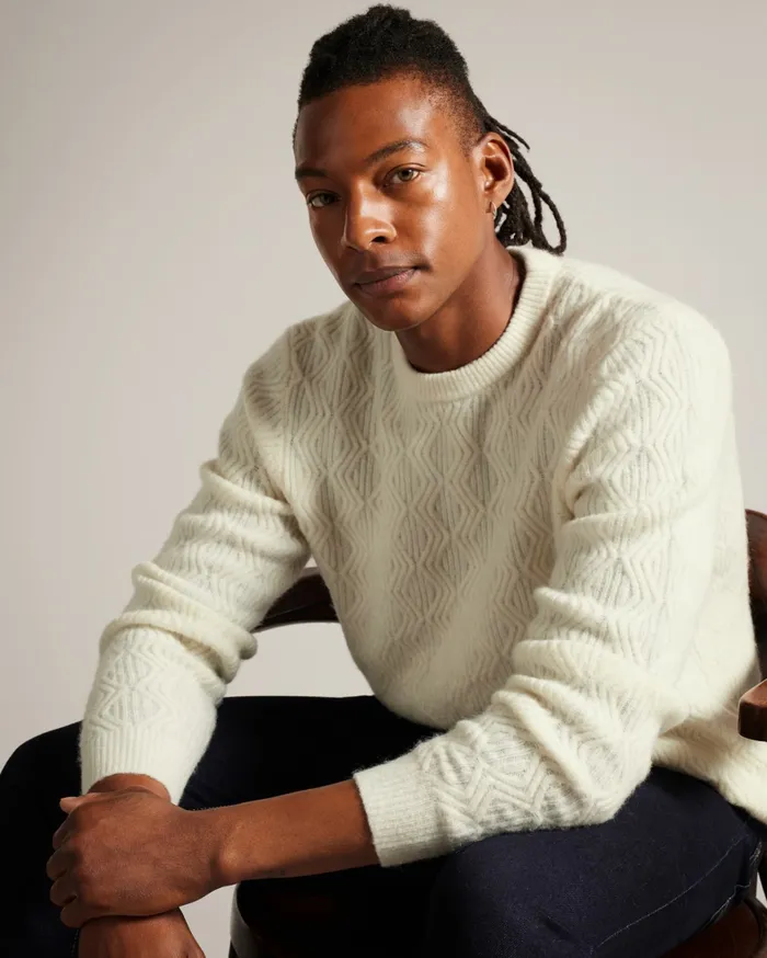 Men ATCHET 8211 Wool Blend Cable Knit Jumper Ecru Ted Baker Jumpers and Knitwear Men ATCHET 8211 Wool Blend Cable Knit Jumper Ecru Ted Baker Jumpers and Knitwear