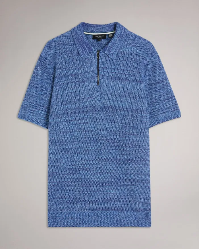 Men BLOSSAM 8211 Short Sleeve Zip Polo Shirt Blue Ted Baker Jumpers and Knitwear