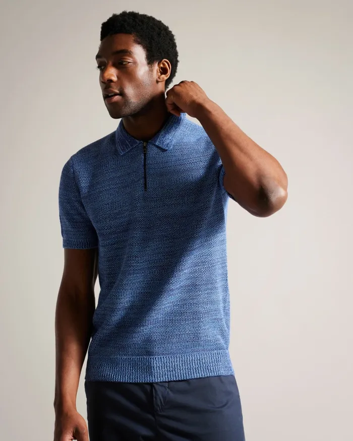 Men BLOSSAM 8211 Short Sleeve Zip Polo Shirt Blue Ted Baker Jumpers and Knitwear Men BLOSSAM 8211 Short Sleeve Zip Polo Shirt Blue Ted Baker Jumpers and Knitwear