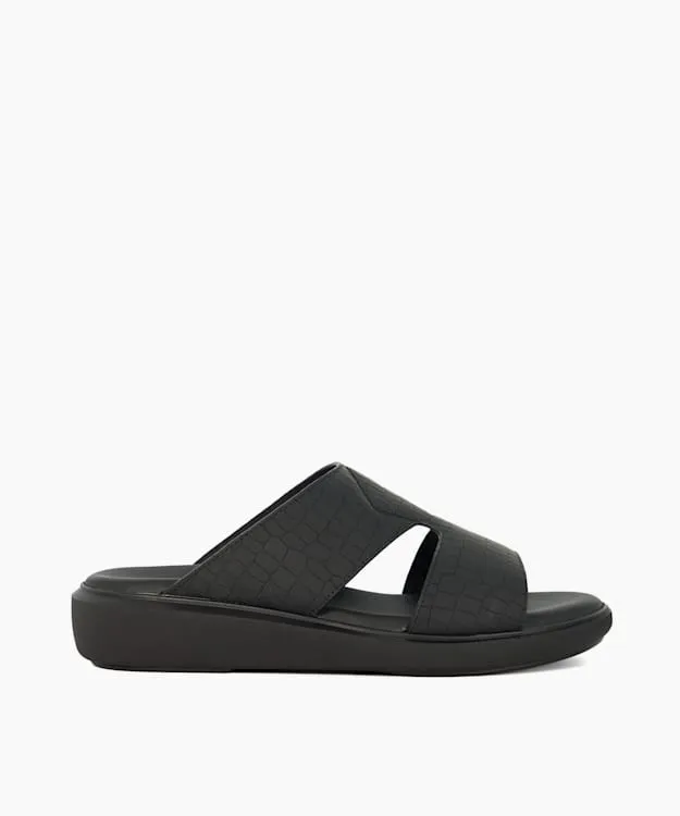 Men Dune London Leather Sandals Slip On Wedge Heel Sandals Black