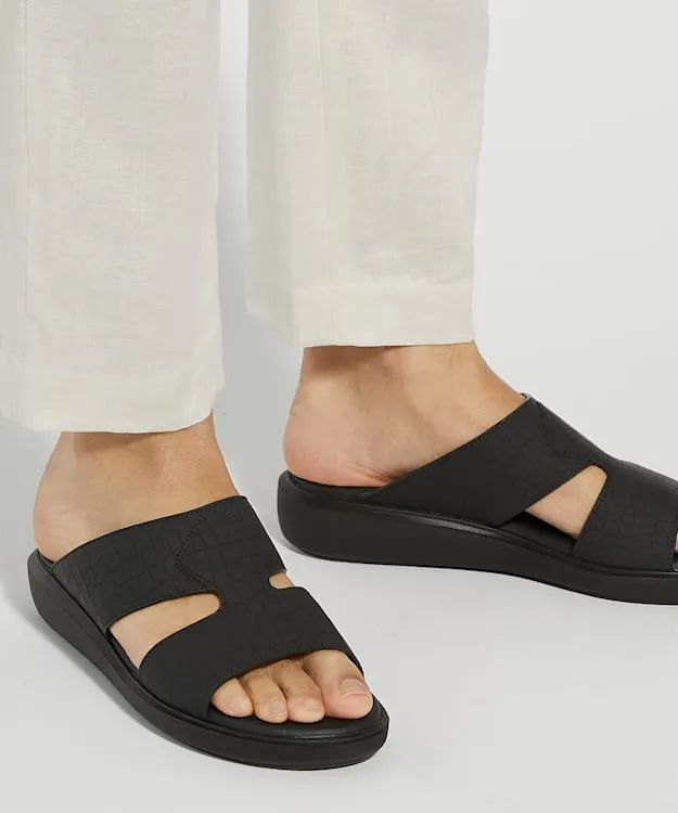 Men Dune London Leather Sandals Slip On Wedge Heel Sandals Black