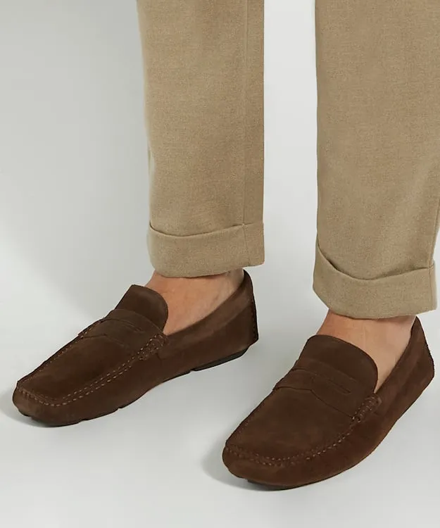 Men Dune London Loafers SquareToe Suede Moccasin Loafers Brown