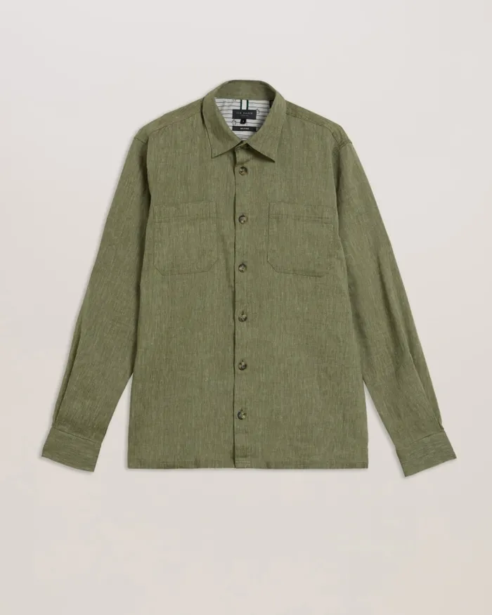 Men IIO 8211 Relaxed Fit Linen Blend Shirt Green Ted Baker Coats and Jackets