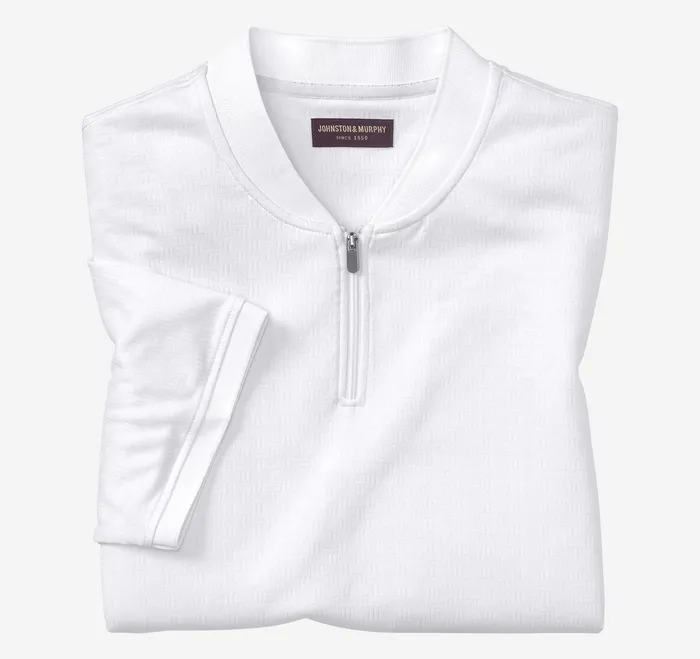 Men Jacquard Zip Polo White Polos and Tees Johnston and Murphy