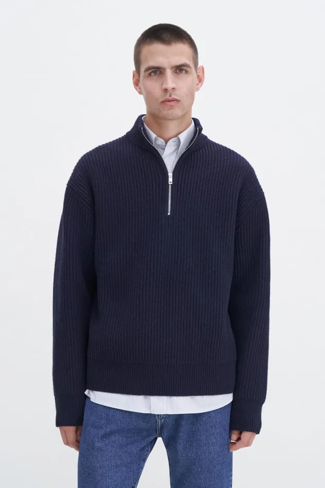Men Lambswool Half Zip Sweater Navy Filippa K Knitwear