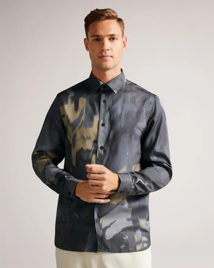 Men MORDUN 8211 Long Sleeve Abstract Butterfly Print Shirt Grey Ted Baker Shirts