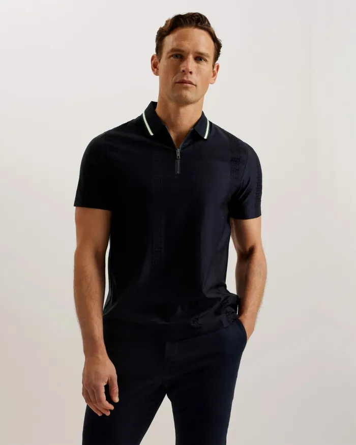 Men ORBITE 8211 Slim Fit Jacquard Zip Polo Shirt Navy Ted Baker Polo Shirts